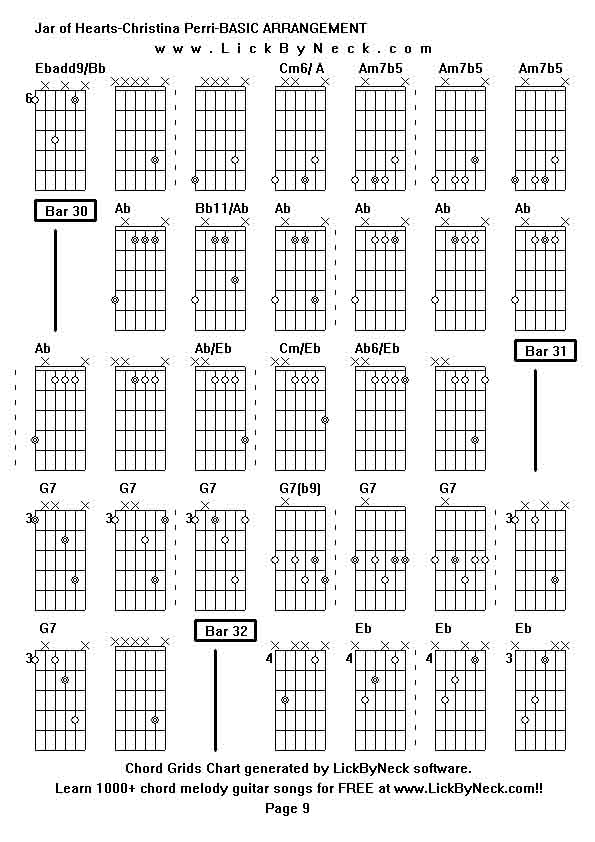 Chord Grids Chart of chord melody fingerstyle guitar song-Jar of Hearts-Christina Perri-BASIC ARRANGEMENT,generated by LickByNeck software.